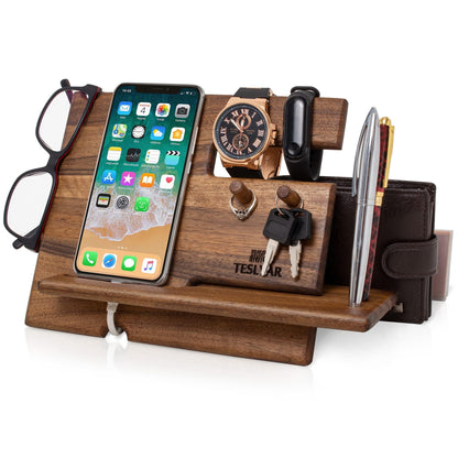 Natural Walnut Wood Phone Docking Station Key Hooks Holder Wallet Stand Watch