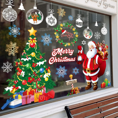 Christmas Decorations Window Clings Stickers Large Santa Claus Xmas Tree Snowflake Cling Double Side Xmas Window Decals Ornament DIY Wall Door Christmas Decor Reusable Static Decal Sticker