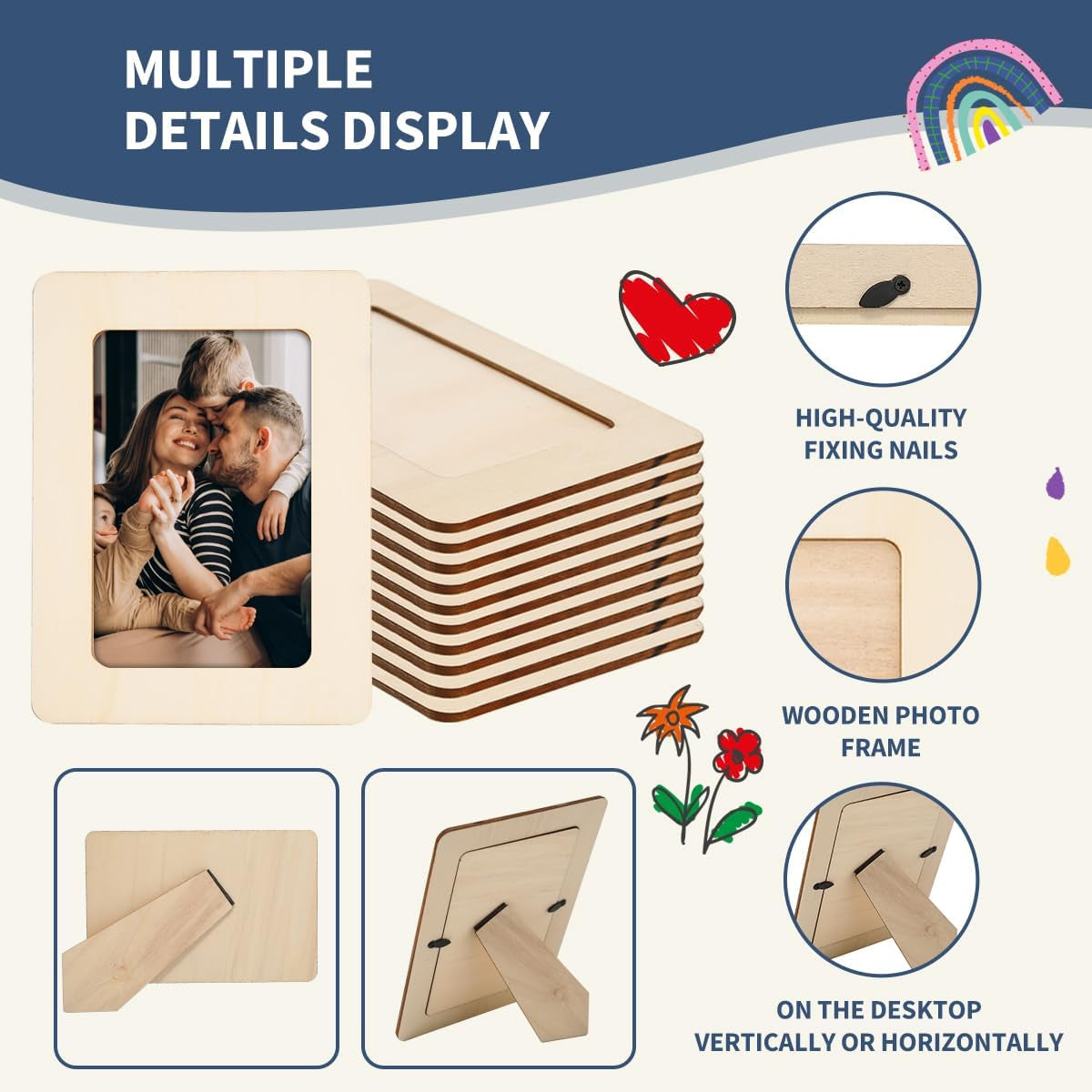 Picture Frame Painting Craft Kit for 4 * 6 Photo,10Pcs DIY Unfinished Wooden Picture Frames with 12Pcs Painting Color Pen 4 Sheets Crystal Diamond Stickers for DIY Craft