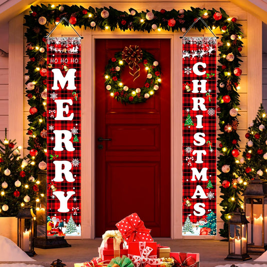 Christmas Decorations Red Black Buffalo Plaid Sign Set for Festival Merry Christmas Door Banner | Outdoor Yard & Front Porch | Indoor & Outdoor Xmas Decor for Home, Wall, Front Door, Yard, and Garage