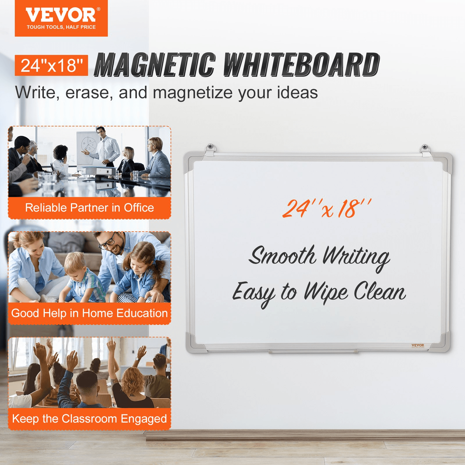 VEVOR Magnetic Whiteboard, 24 x 18 Inches, Dry Erase Board for Wall with Aluminum Frame, White Board Includes 1 Magnetic Erase & 2 Dry Erase Marker & Movable Tray for Office Home Restaurant and School - Loomini
