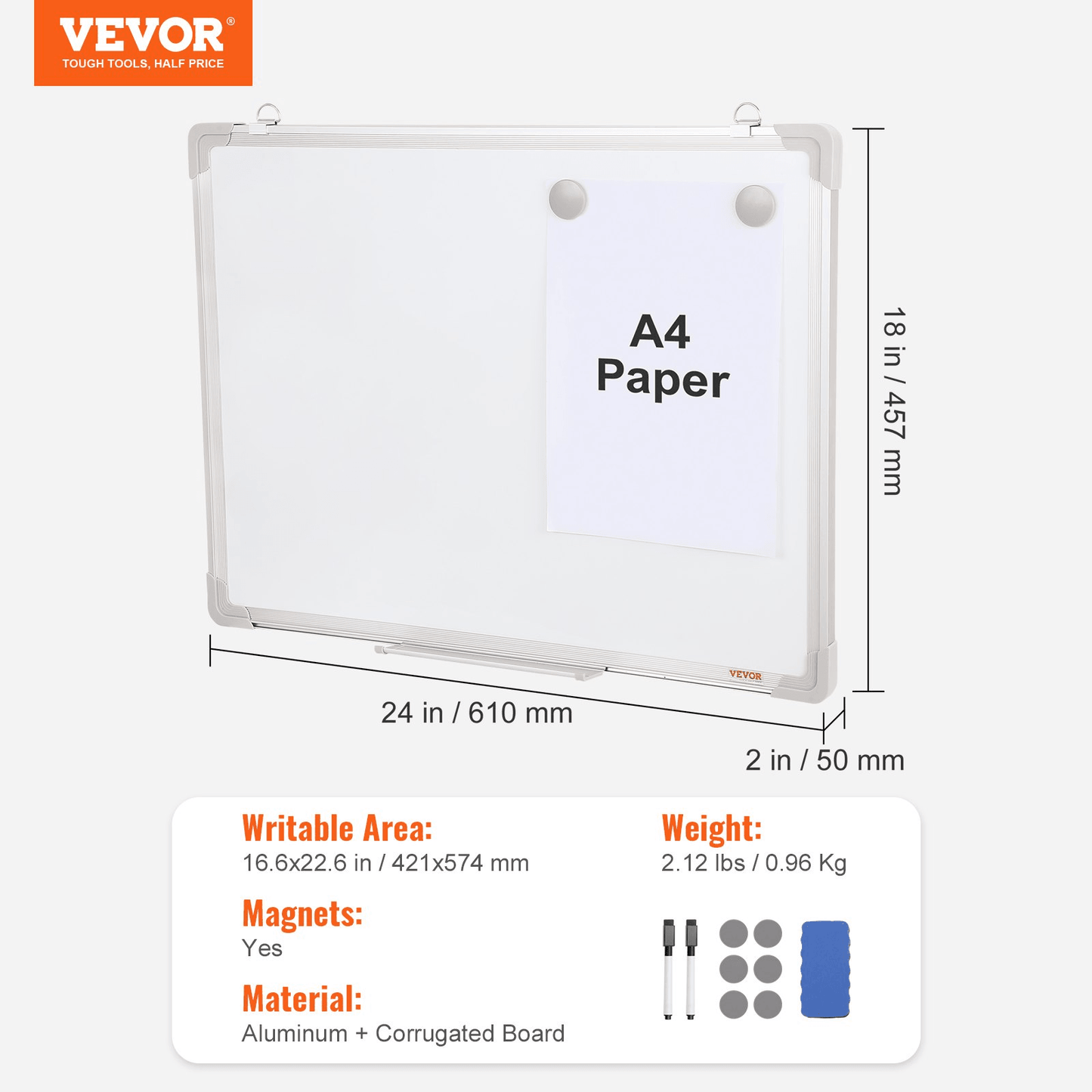 VEVOR Magnetic Whiteboard, 24 x 18 Inches, Dry Erase Board for Wall with Aluminum Frame, White Board Includes 1 Magnetic Erase & 2 Dry Erase Marker & Movable Tray for Office Home Restaurant and School - Loomini