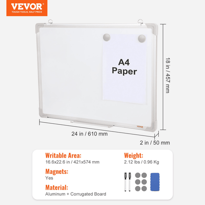 VEVOR Magnetic Whiteboard, 24 x 18 Inches, Dry Erase Board for Wall with Aluminum Frame, White Board Includes 1 Magnetic Erase & 2 Dry Erase Marker & Movable Tray for Office Home Restaurant and School - Loomini