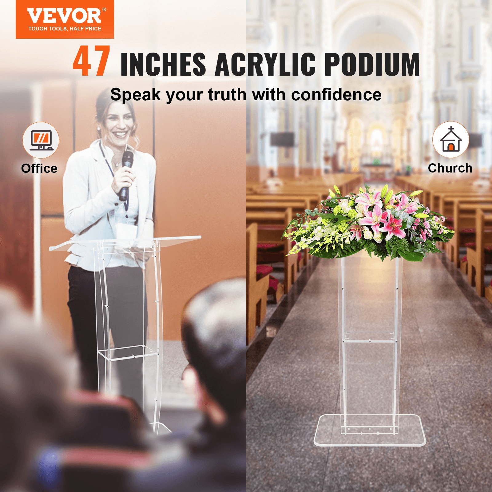 VEVOR Acrylic Podium, 47" Clear Acrylic Podium Stand with Wide Reading Surface & Storage Shelf, Floor-standing Clear Pulpits Acrylic for Church Office School - Loomini