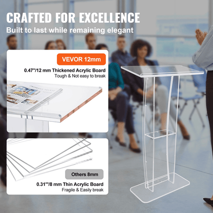 VEVOR Acrylic Podium, 47" Clear Acrylic Podium Stand with Wide Reading Surface & Storage Shelf, Floor-standing Clear Pulpits Acrylic for Church Office School - Loomini