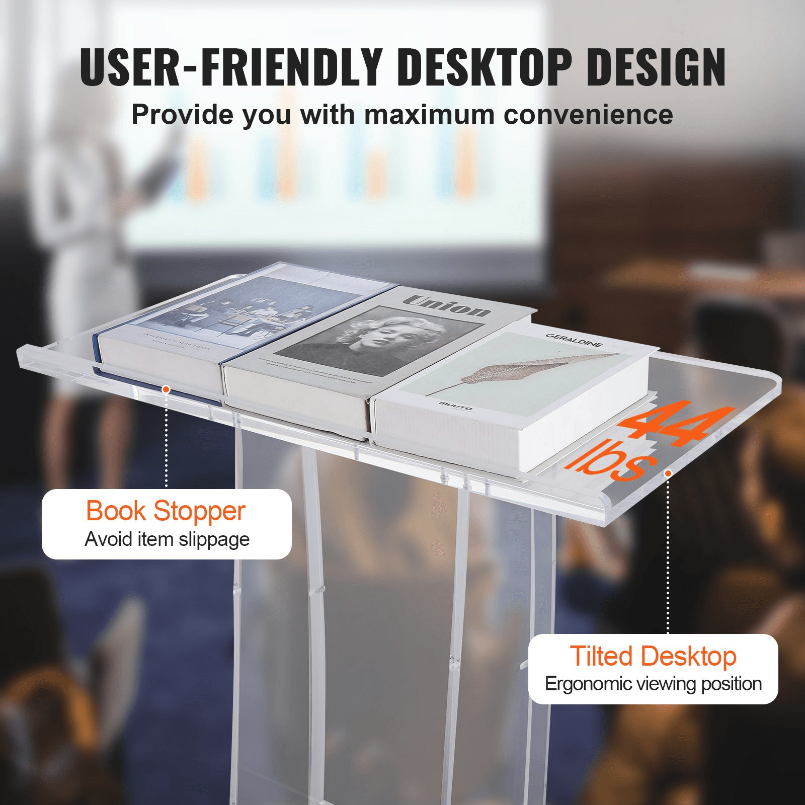 VEVOR Acrylic Podium, 47" Clear Acrylic Podium Stand with Wide Reading Surface & Storage Shelf, Floor-standing Clear Pulpits Acrylic for Church Office School - Loomini