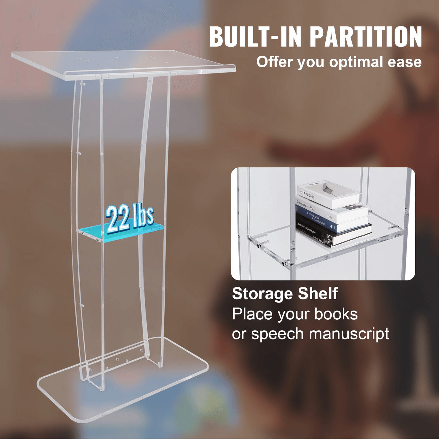 VEVOR Acrylic Podium, 47" Clear Acrylic Podium Stand with Wide Reading Surface & Storage Shelf, Floor-standing Clear Pulpits Acrylic for Church Office School - Loomini