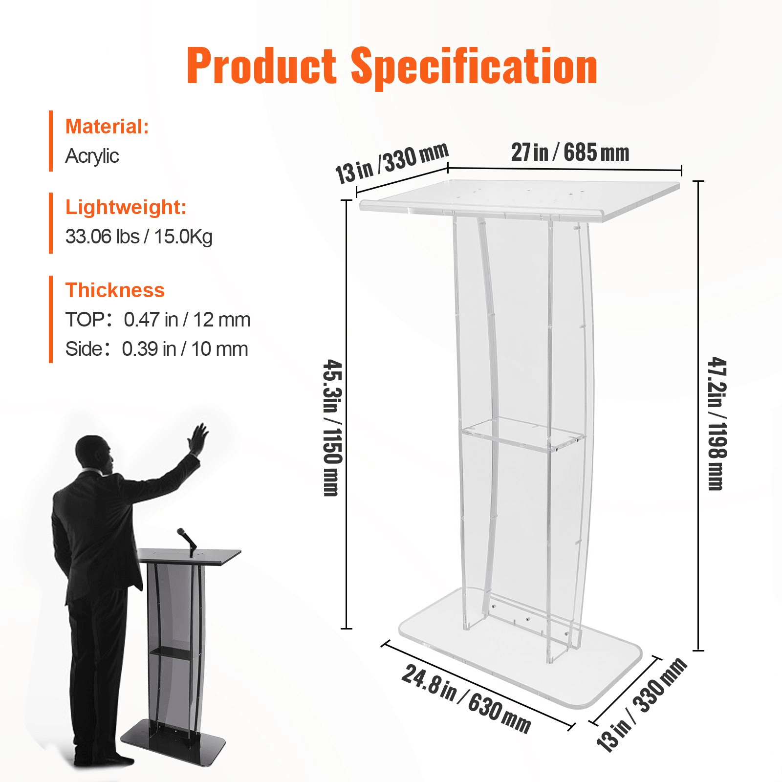 VEVOR Acrylic Podium, 47" Clear Acrylic Podium Stand with Wide Reading Surface & Storage Shelf, Floor-standing Clear Pulpits Acrylic for Church Office School - Loomini