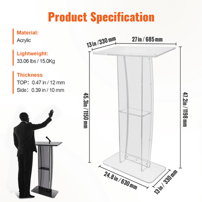 VEVOR Acrylic Podium, 47" Clear Acrylic Podium Stand with Wide Reading Surface & Storage Shelf, Floor-standing Clear Pulpits Acrylic for Church Office School - Loomini