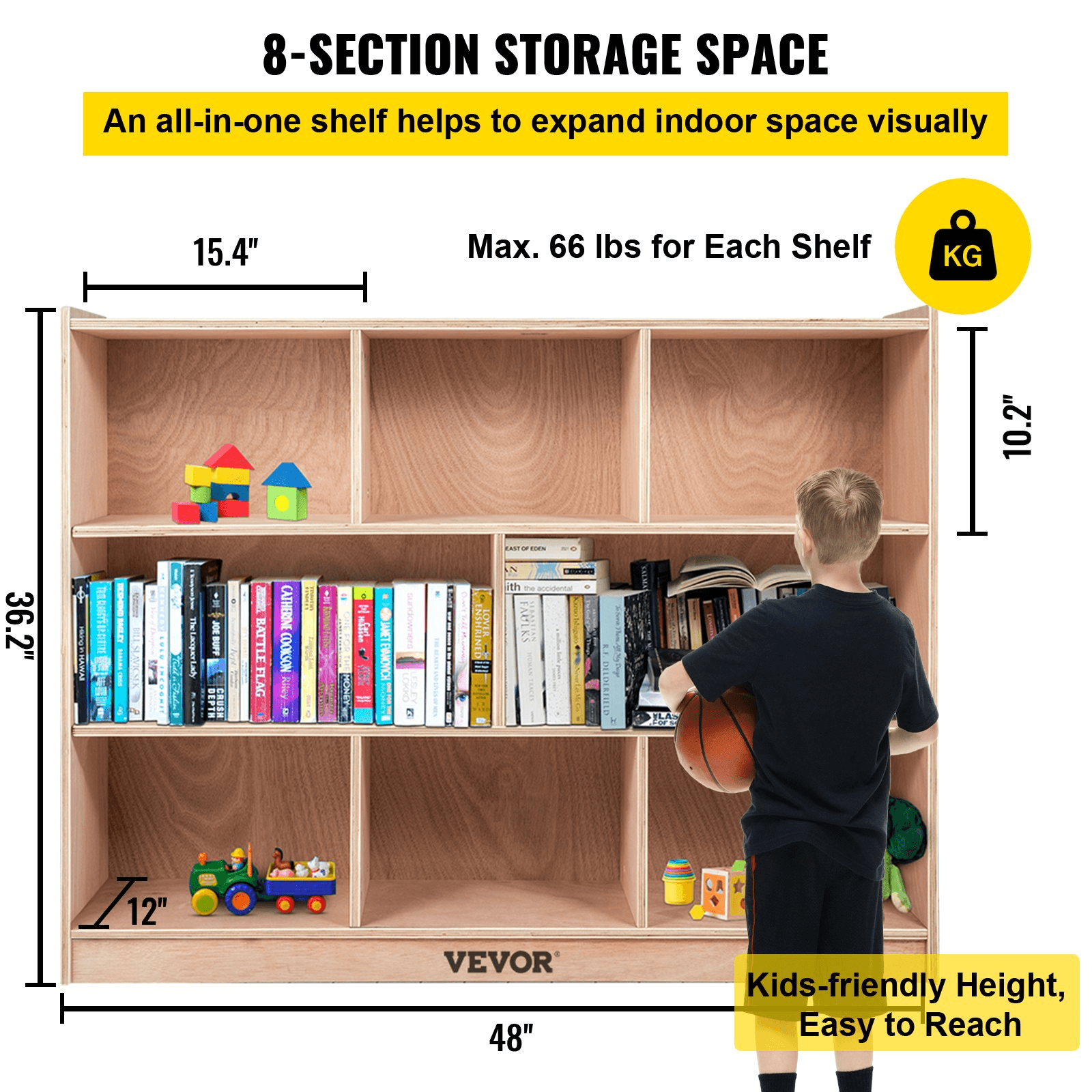 VEVOR Classroom Storage Cabinet Plywood 8-Section Preschool Storage Shelves 36 Inch High Classroom Cabinet Storage with Casters - Loomini