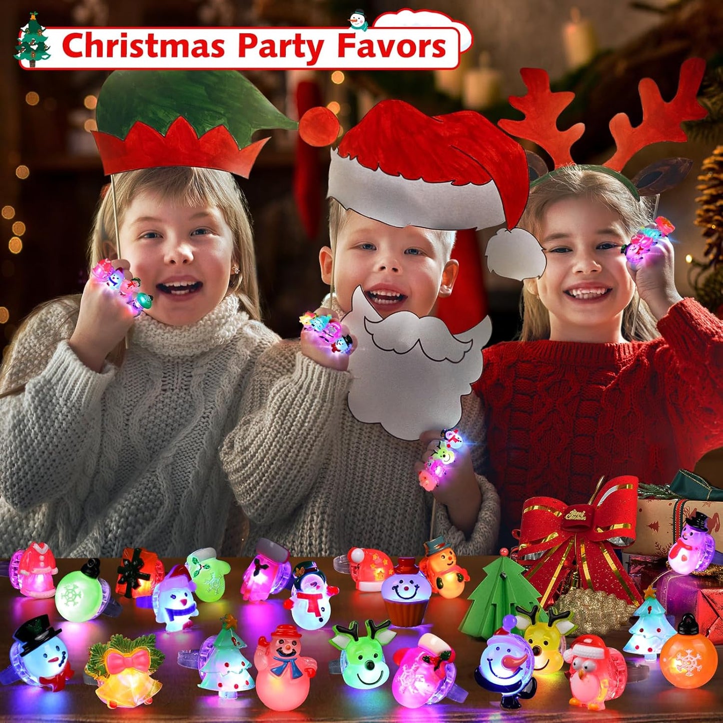 Christmas Party Favors 25Pcs 3D LED Finger Lights for Kid & Adults Toys Light up Rings Stocking Stuffers Party Favors Assorted Styles Gift Package No-Repeat Non Candy Gift New Version