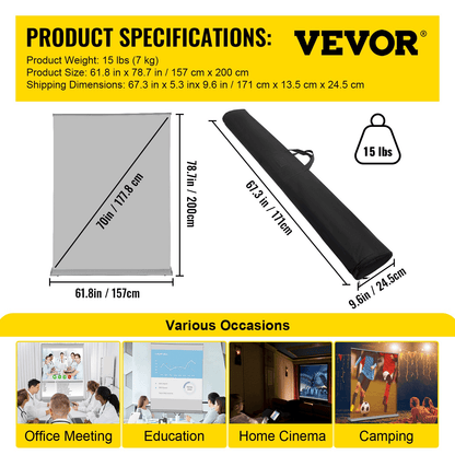 VEVOR Manual Pull Up Projector Screen 70inch 16:9 Projector Screen Free Standing 4K/8K, Portable Floor-Rising Projection Screen Ultra HDR with Storage Bag for Home Backyard Theater Office - Loomini