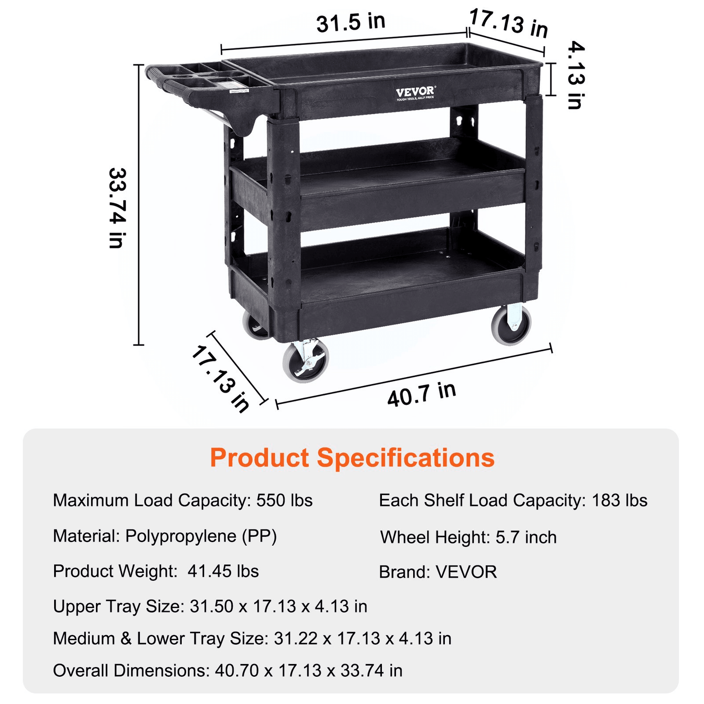 VEVOR Utility Service Cart, 3 Shelf 550LBS Heavy Duty Plastic Rolling Utility Cart with 360° Swivel Wheels (2 with Brakes), Medium Lipped Shelf, Ergonomic Storage Handle for Warehouse/Garage/Cleaning - Loomini