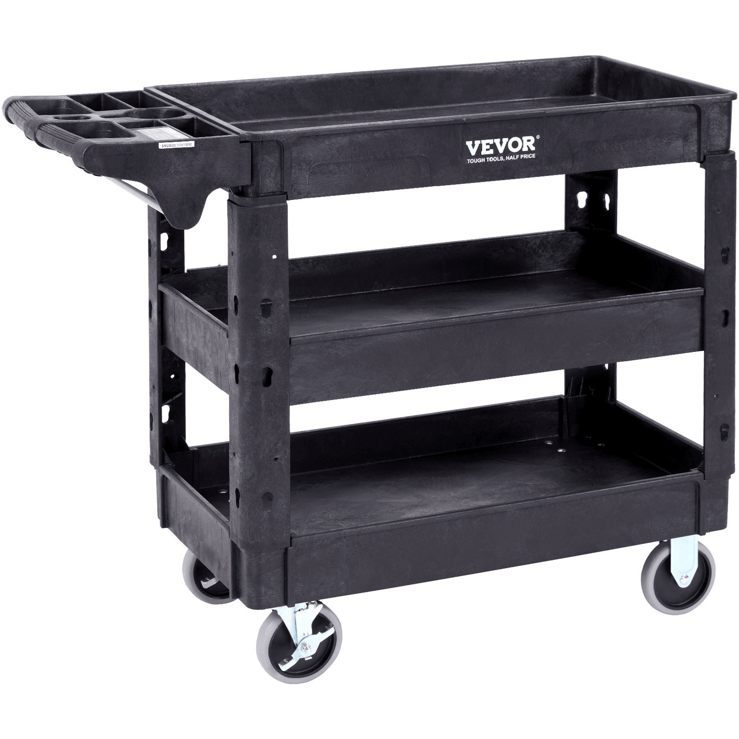 VEVOR Utility Service Cart, 3 Shelf 550LBS Heavy Duty Plastic Rolling Utility Cart with 360° Swivel Wheels (2 with Brakes), Medium Lipped Shelf, Ergonomic Storage Handle for Warehouse/Garage/Cleaning - Loomini