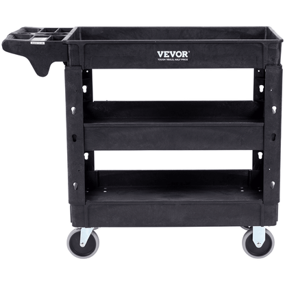 VEVOR Utility Service Cart, 3 Shelf 550LBS Heavy Duty Plastic Rolling Utility Cart with 360° Swivel Wheels (2 with Brakes), Medium Lipped Shelf, Ergonomic Storage Handle for Warehouse/Garage/Cleaning - Loomini