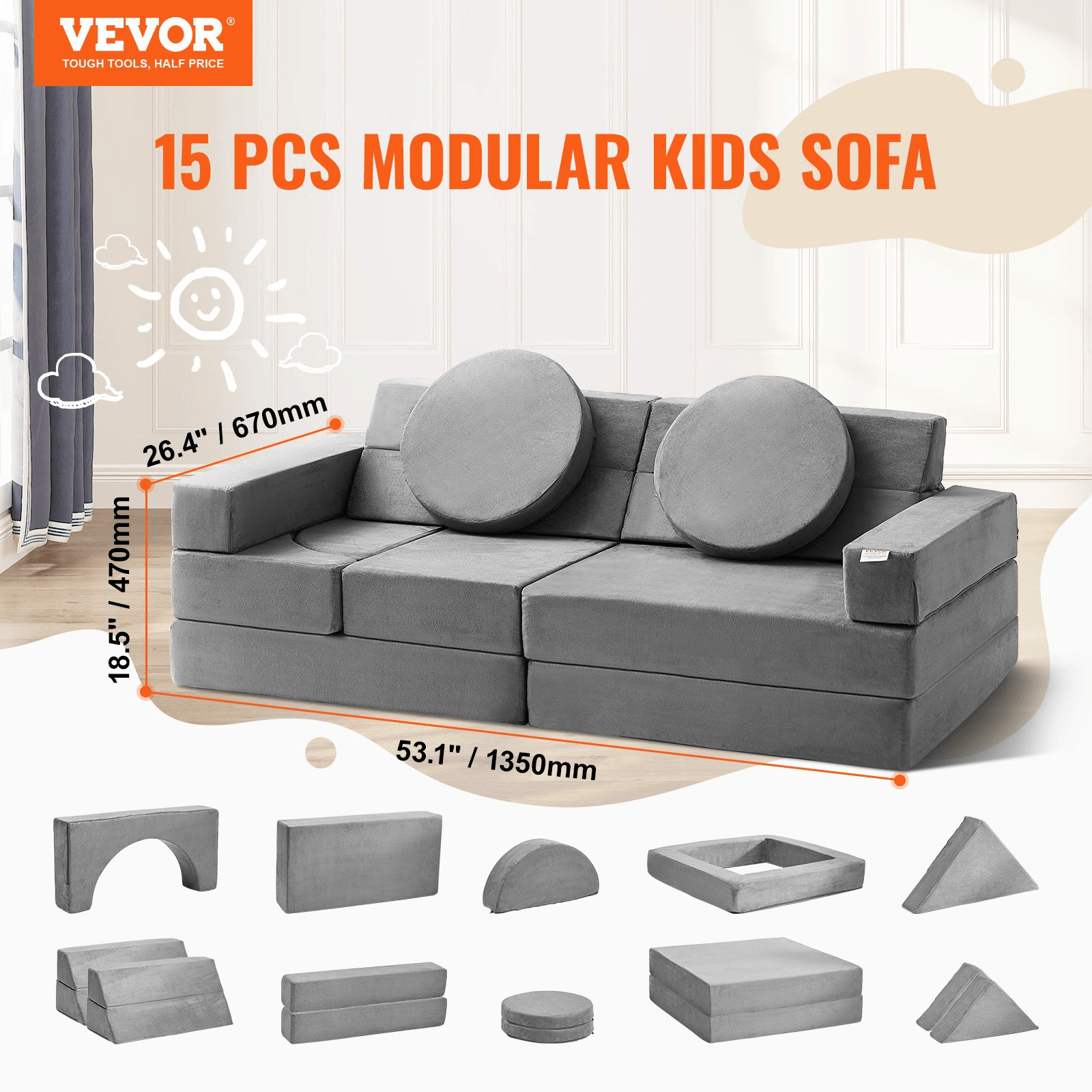 VEVOR Play Couch, Modular Kids Nugget Couch 15pcs, Toddler Foam Sofa Couch with High-density 25D Sponge for Playing, Creating, Sleeping, Imaginative Kids Furniture for Bedroom and Playroom - Loomini