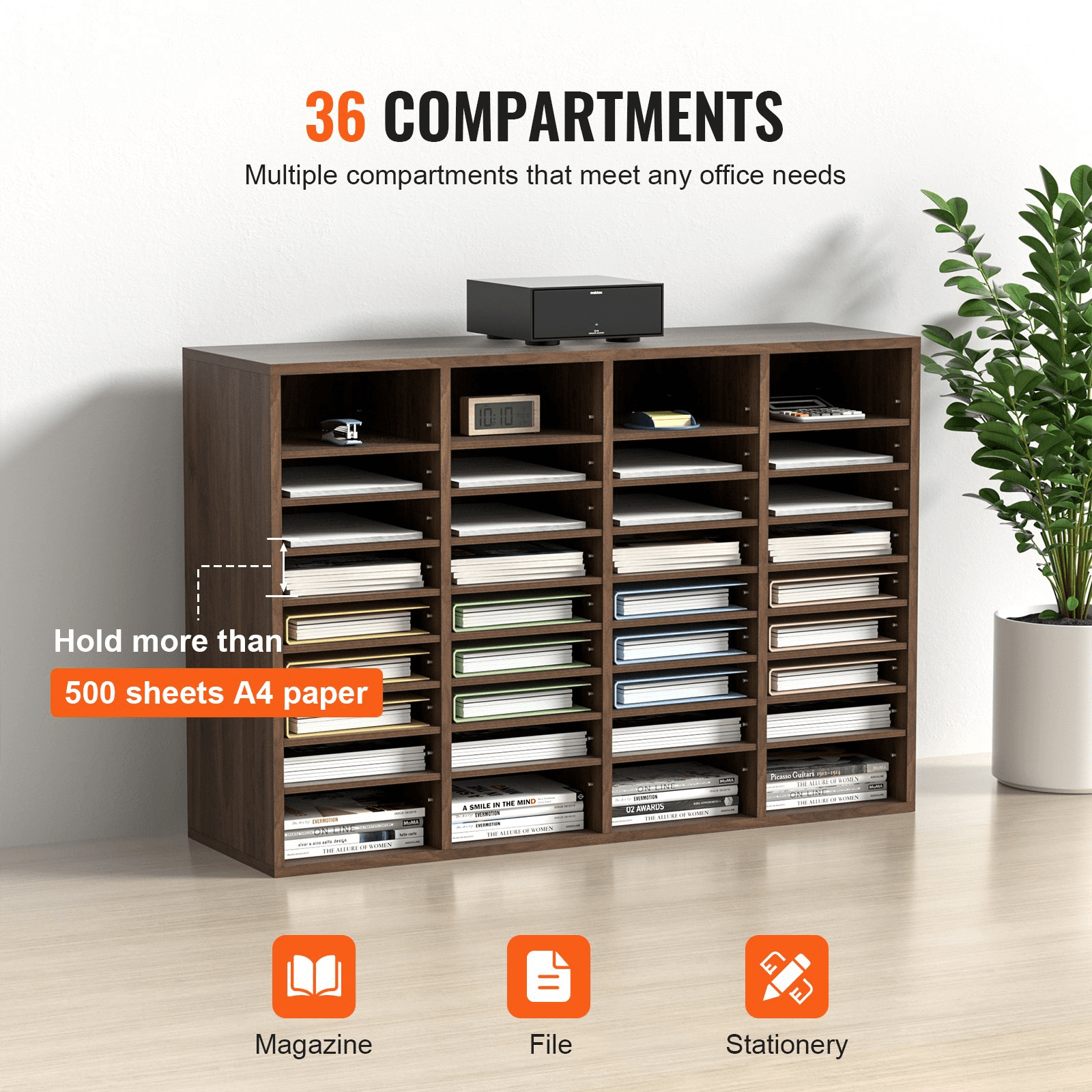 VEVOR Literature Organizers, 36 Compartments Office Mailbox with Adjustable Shelves, Wood Literature Sorter 39.3x12x26.8 inches for Office, Home, Classroom, Mailrooms Organization, EPA Certified Brown - Loomini