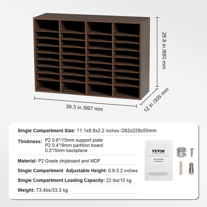 VEVOR Literature Organizers, 36 Compartments Office Mailbox with Adjustable Shelves, Wood Literature Sorter 39.3x12x26.8 inches for Office, Home, Classroom, Mailrooms Organization, EPA Certified Brown - Loomini