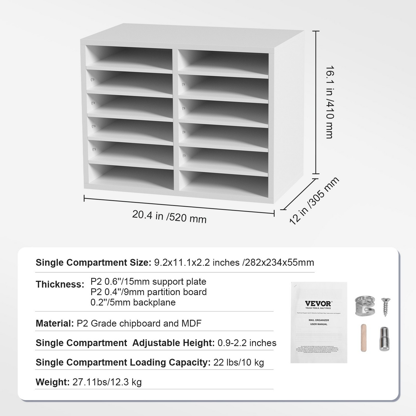 VEVOR Literature Organizers, 12 Compartments Office Mailbox with Adjustable Shelves, Wood Literature Sorter 20.4x12x16.1 inches for Office, Home, Classroom, Mailrooms Organization, EPA Certified White