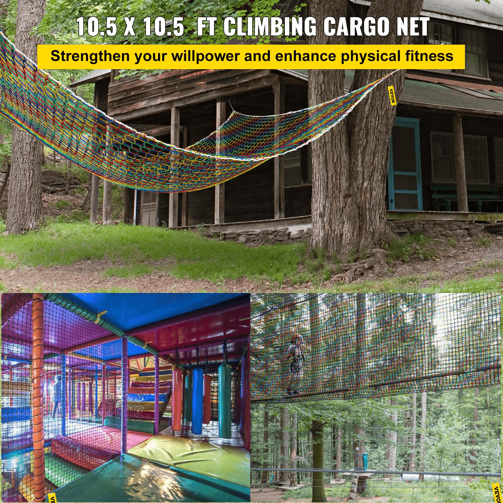 VEVOR Climbing Cargo Net, 10.5 x 10.5 ft Playground Climbing Cargo Net, Polyester Double Layers Cargo Net Climbing Outdoor w/500lbs Weight Capacity, Rope Bridge Net for Tree House, Monkey Bar, Rainbow - Loomini