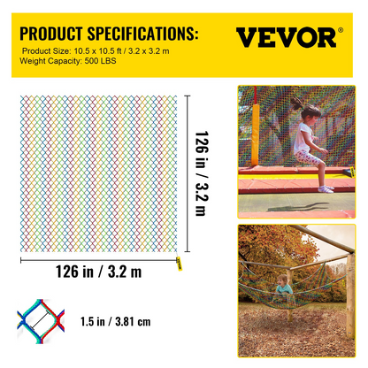 VEVOR Climbing Cargo Net, 10.5 x 10.5 ft Playground Climbing Cargo Net, Polyester Double Layers Cargo Net Climbing Outdoor w/500lbs Weight Capacity, Rope Bridge Net for Tree House, Monkey Bar, Rainbow