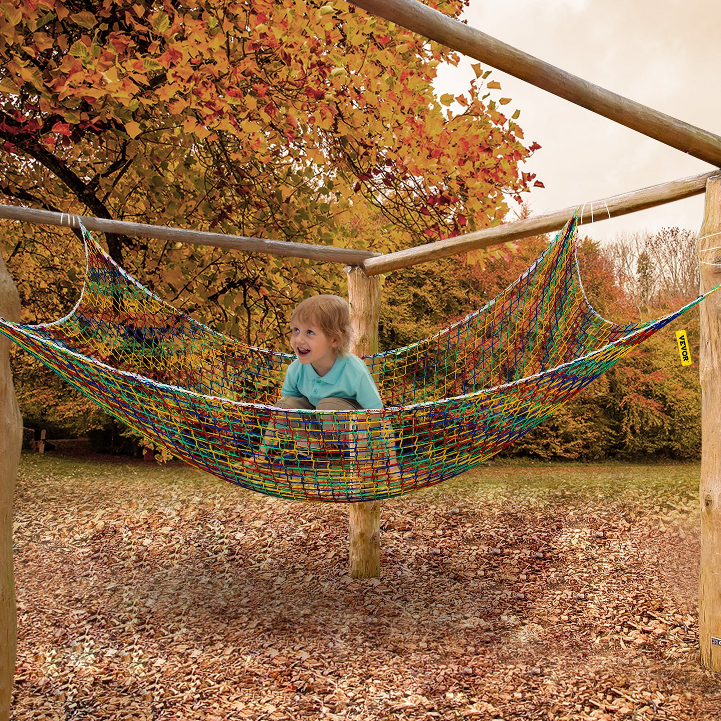 VEVOR Climbing Cargo Net, 10.5 x 10.5 ft Playground Climbing Cargo Net, Polyester Double Layers Cargo Net Climbing Outdoor w/500lbs Weight Capacity, Rope Bridge Net for Tree House, Monkey Bar, Rainbow