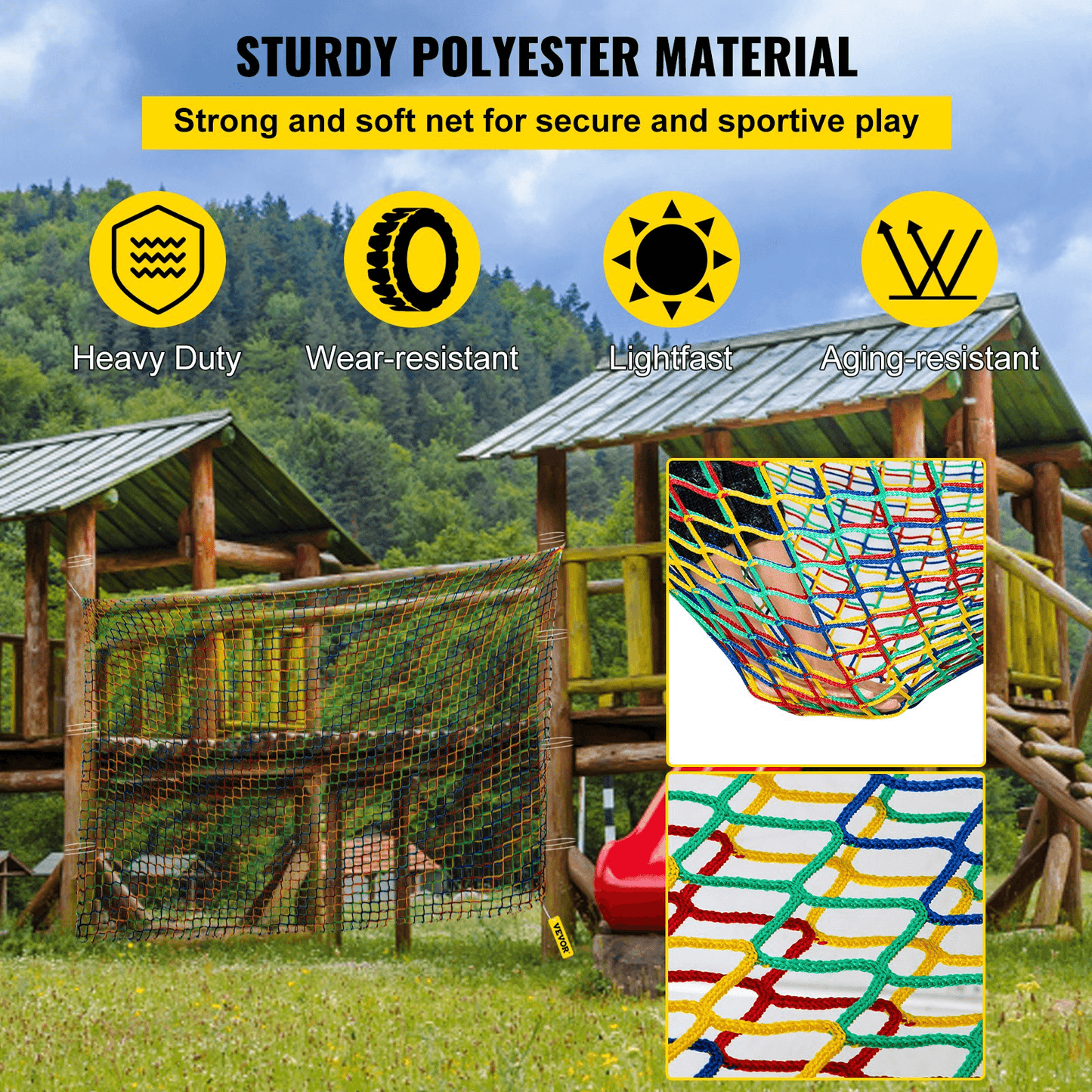 VEVOR Climbing Cargo Net, 14.8 x 10.5 ft Playground Climbing Cargo Net, Polyester Double Layers Cargo Net Climbing Outdoor w/500lbs Weight Capacity, Rope Bridge Net for Tree House, Monkey Bar, Rainbow - Loomini