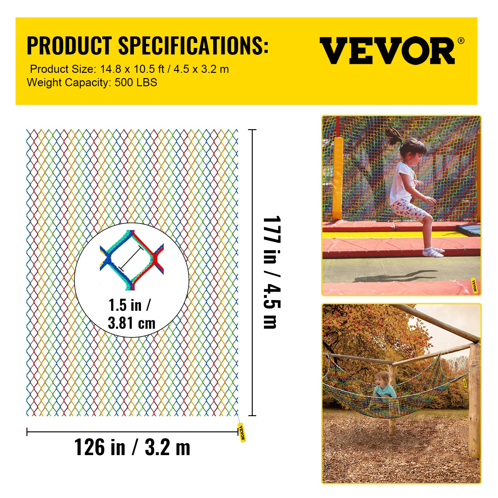 VEVOR Climbing Cargo Net, 14.8 x 10.5 ft Playground Climbing Cargo Net, Polyester Double Layers Cargo Net Climbing Outdoor w/500lbs Weight Capacity, Rope Bridge Net for Tree House, Monkey Bar, Rainbow - Loomini