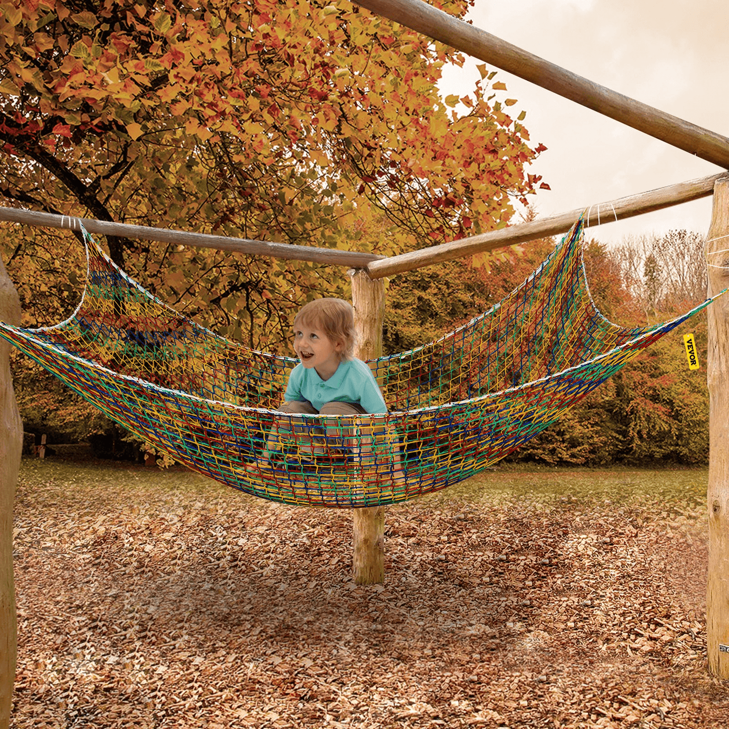 VEVOR Climbing Cargo Net, 14.8 x 10.5 ft Playground Climbing Cargo Net, Polyester Double Layers Cargo Net Climbing Outdoor w/500lbs Weight Capacity, Rope Bridge Net for Tree House, Monkey Bar, Rainbow - Loomini