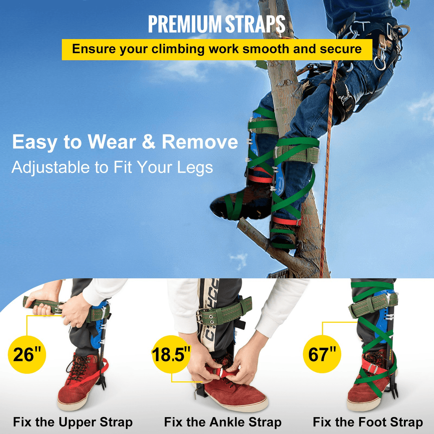 VEVOR Tree Climbing Spikes, 4 in 1 Alloy Metal Adjustable Pole Climbing Spurs, w/Security Belt & Foot Ankle Straps, Arborist Equipment for Climbers, Logging, Hunting Observation, Fruit Picking - Loomini