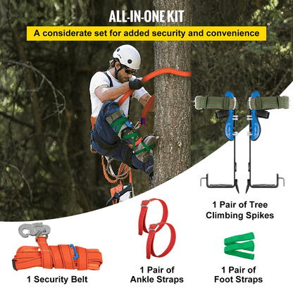 VEVOR Tree Climbing Spikes, 4 in 1 Alloy Metal Adjustable Pole Climbing Spurs, w/Security Belt & Foot Ankle Straps, Arborist Equipment for Climbers, Logging, Hunting Observation, Fruit Picking - Loomini