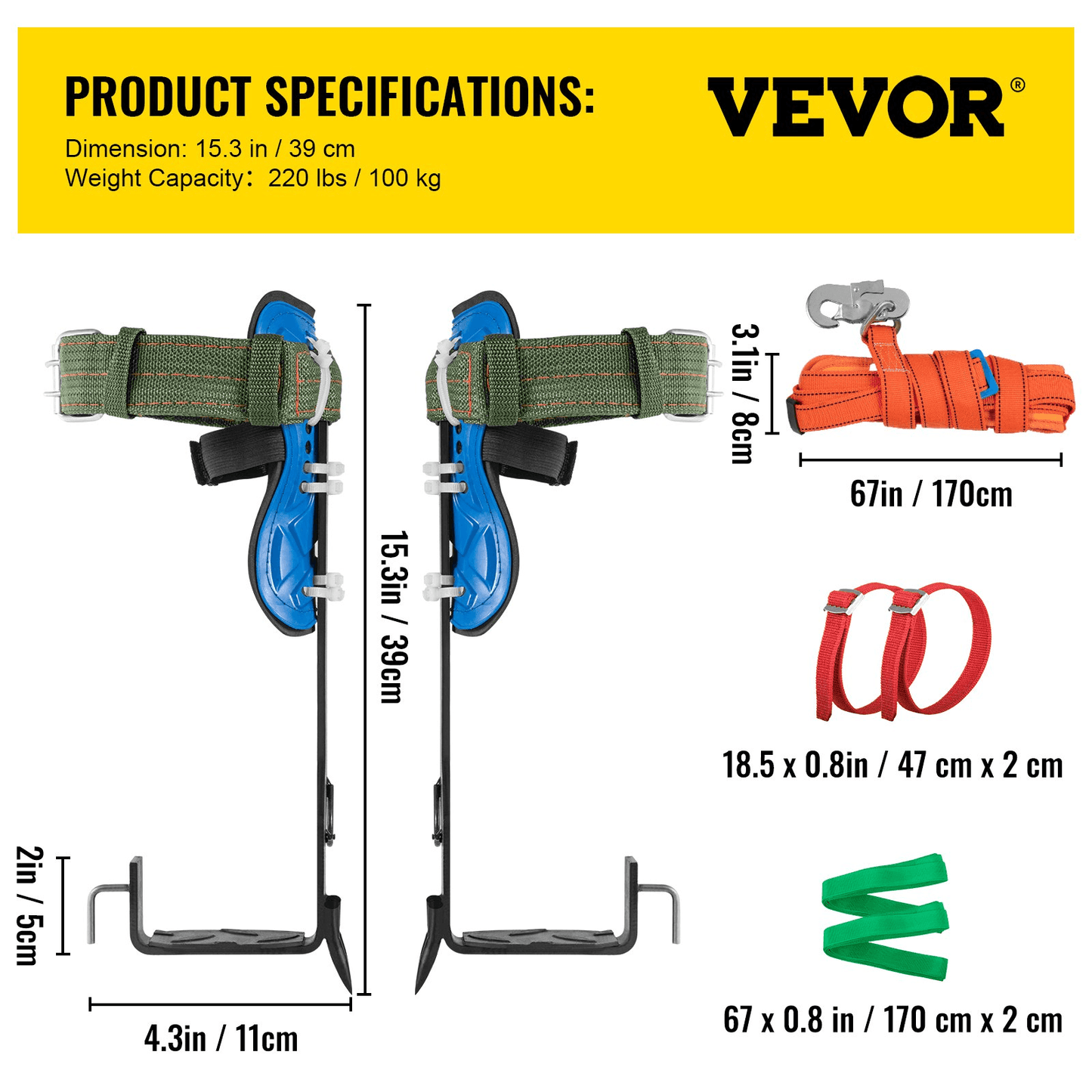 VEVOR Tree Climbing Spikes, 4 in 1 Alloy Metal Adjustable Pole Climbing Spurs, w/Security Belt & Foot Ankle Straps, Arborist Equipment for Climbers, Logging, Hunting Observation, Fruit Picking - Loomini