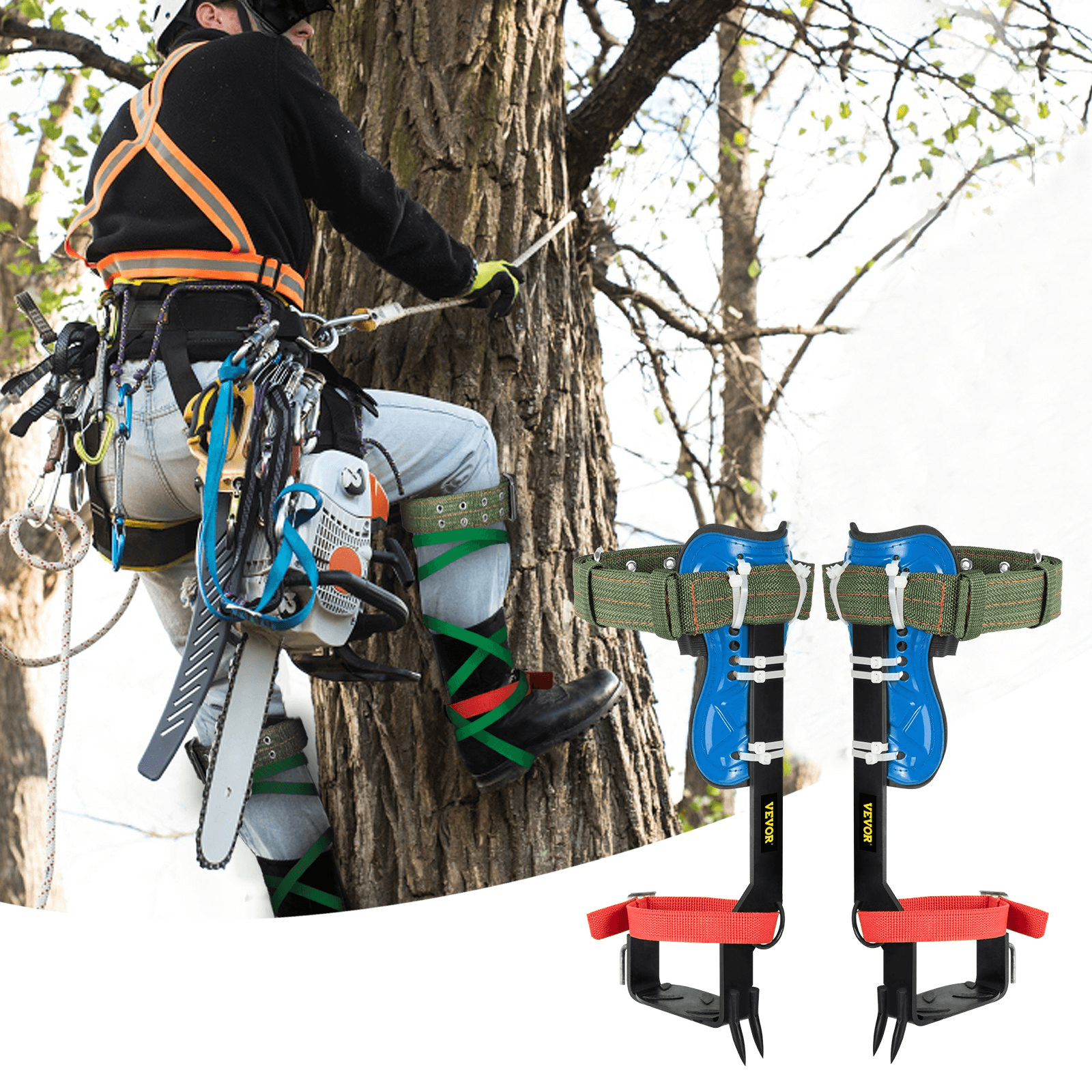 VEVOR Tree Climbing Spikes, 4 in 1 Alloy Metal Adjustable Pole Climbing Spurs, w/Security Belt & Foot Ankle Straps, Arborist Equipment for Climbers, Logging, Hunting Observation, Fruit Picking - Loomini