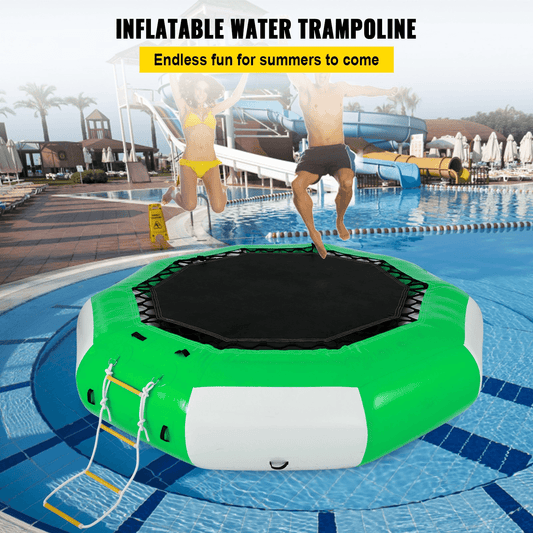 VEVOR Inflatable Water Trampoline 10FT , Round Inflatable Water Bouncer with 4-Step Ladder, Water Trampoline in Green and White for Water Sports. - Loomini