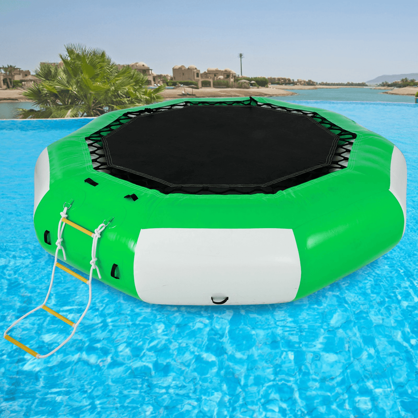 VEVOR Inflatable Water Trampoline 10FT , Round Inflatable Water Bouncer with 4-Step Ladder, Water Trampoline in Green and White for Water Sports. - Loomini