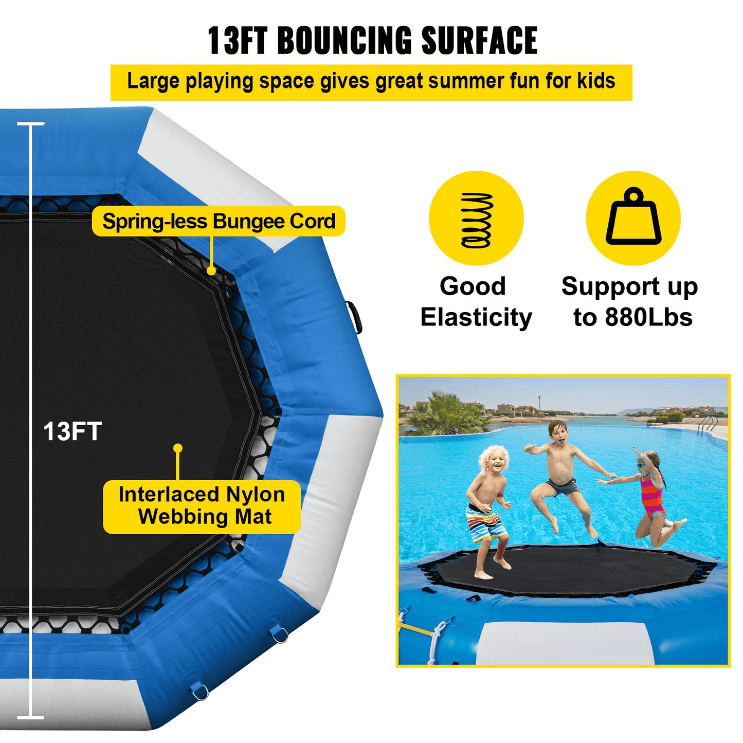 VEVOR 13ft Inflatable Water Bouncer, Water Trampoline Splash Padded Inflatable Bouncer Bounce Swim Platform for Water Sports - Loomini