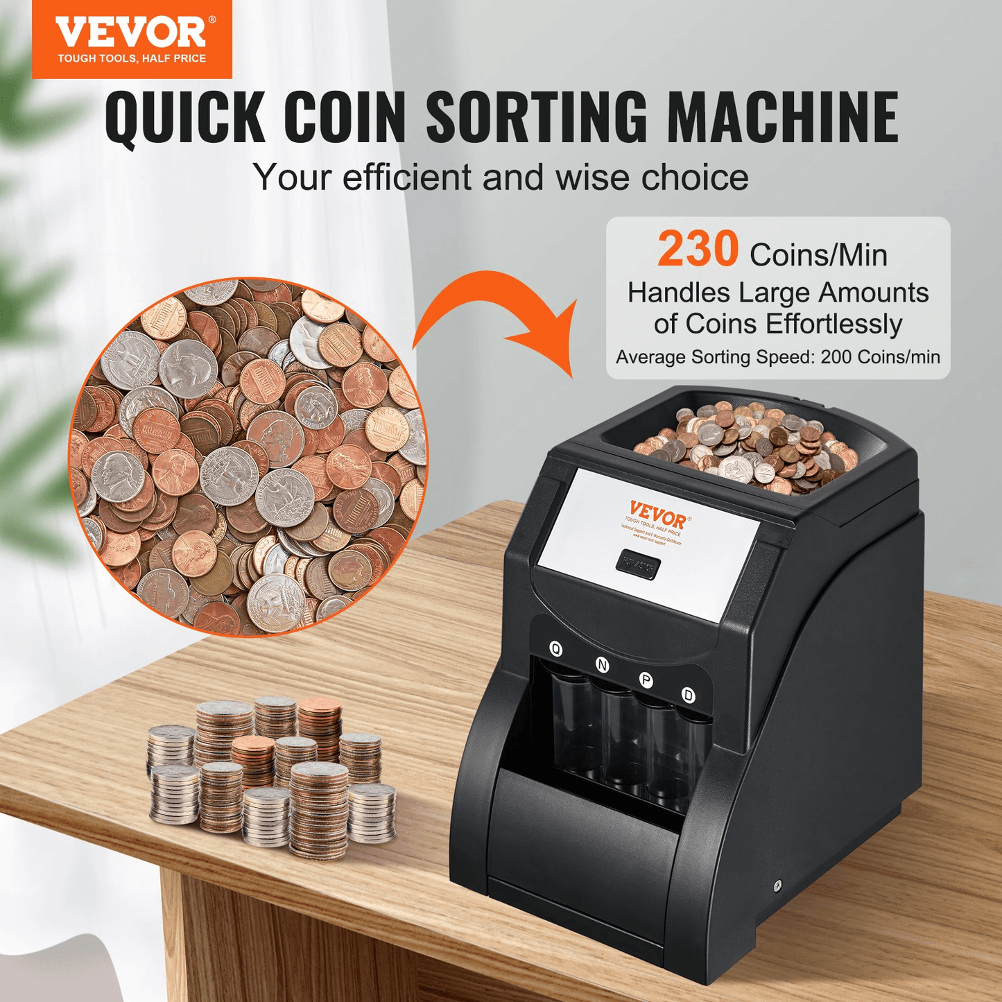 VEVOR USD Coin Sorter, Coin Sorter Machine for USD Coin 1￠ 5￠ 10￠ 25￠, Sorts up to 230 Coins/min, Coin Sorter and Wrapper Machine Holds 200 Coins Included 4 Coin Tubes, Black - Loomini