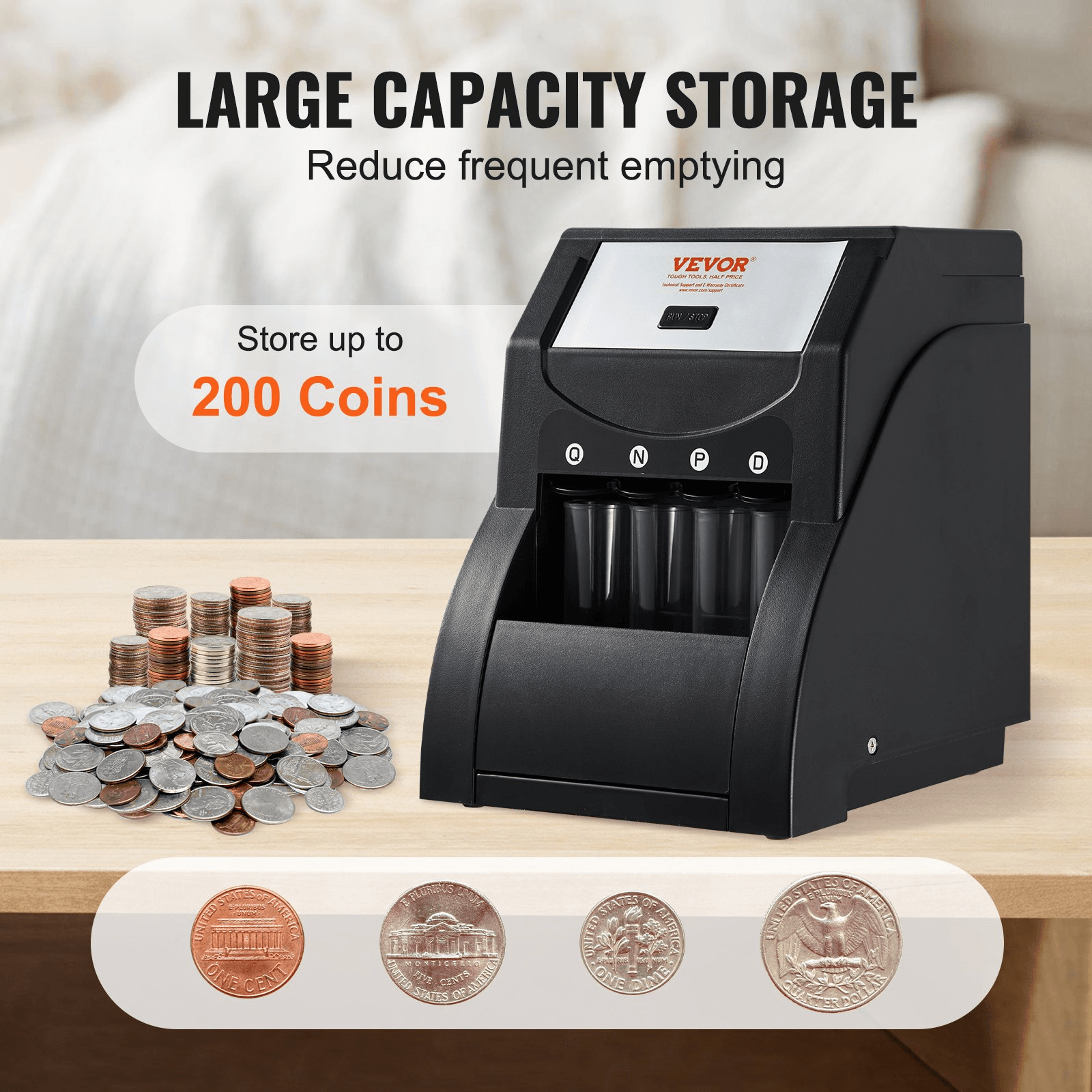 VEVOR USD Coin Sorter, Coin Sorter Machine for USD Coin 1￠ 5￠ 10￠ 25￠, Sorts up to 230 Coins/min, Coin Sorter and Wrapper Machine Holds 200 Coins Included 4 Coin Tubes, Black - Loomini