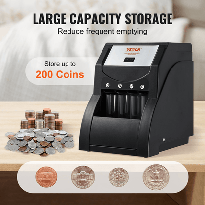 VEVOR USD Coin Sorter, Coin Sorter Machine for USD Coin 1￠ 5￠ 10￠ 25￠, Sorts up to 230 Coins/min, Coin Sorter and Wrapper Machine Holds 200 Coins Included 4 Coin Tubes, Black - Loomini