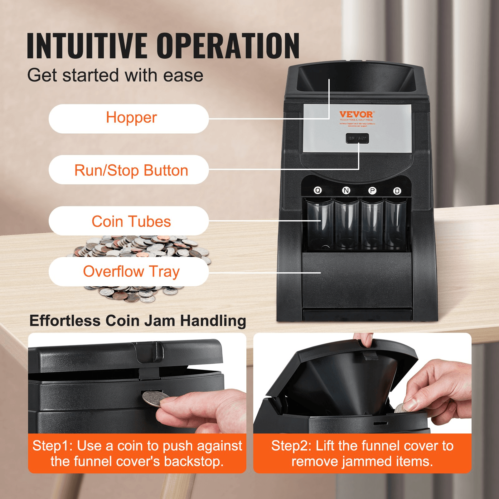 VEVOR USD Coin Sorter, Coin Sorter Machine for USD Coin 1￠ 5￠ 10￠ 25￠, Sorts up to 230 Coins/min, Coin Sorter and Wrapper Machine Holds 200 Coins Included 4 Coin Tubes, Black - Loomini