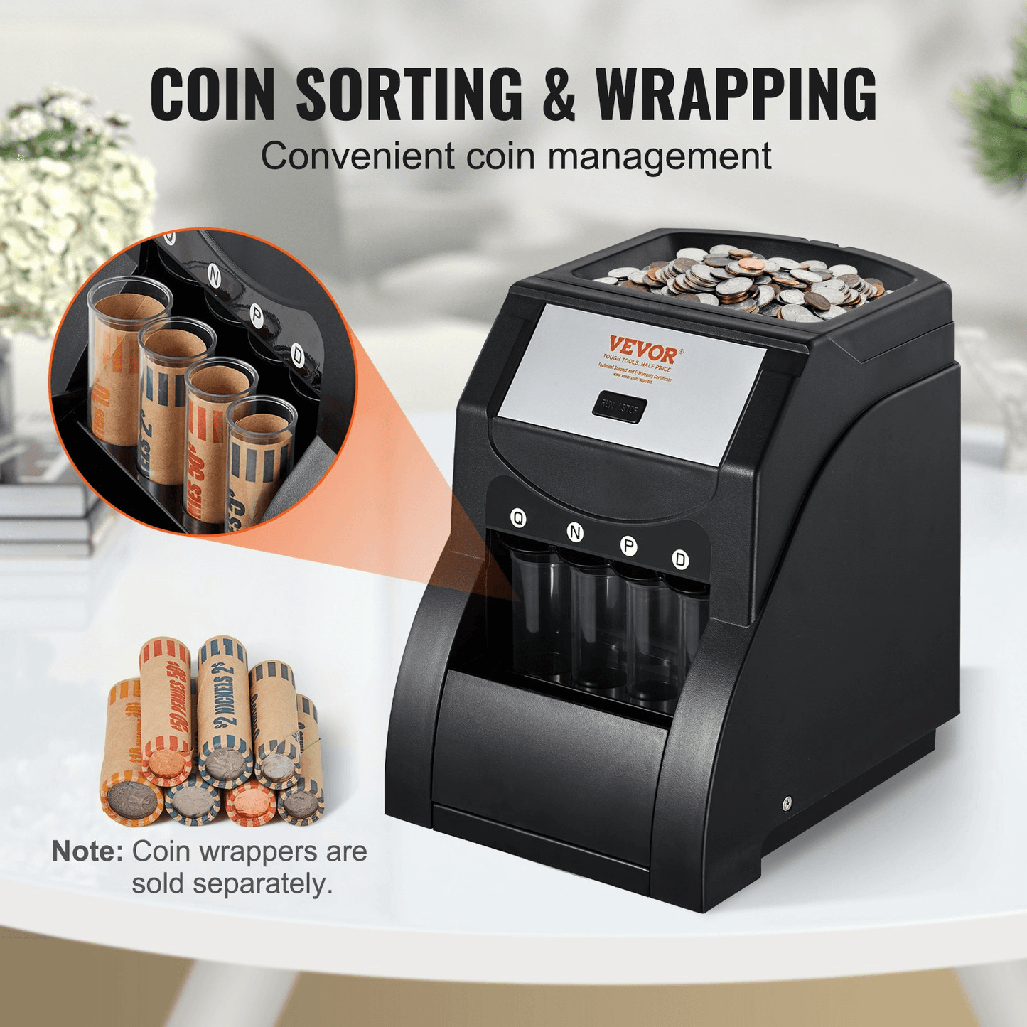 VEVOR USD Coin Sorter, Coin Sorter Machine for USD Coin 1￠ 5￠ 10￠ 25￠, Sorts up to 230 Coins/min, Coin Sorter and Wrapper Machine Holds 200 Coins Included 4 Coin Tubes, Black - Loomini