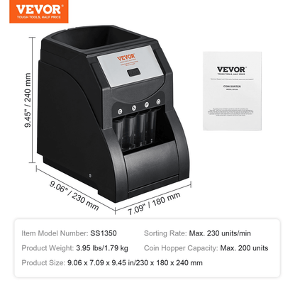 VEVOR USD Coin Sorter, Coin Sorter Machine for USD Coin 1￠ 5￠ 10￠ 25￠, Sorts up to 230 Coins/min, Coin Sorter and Wrapper Machine Holds 200 Coins Included 4 Coin Tubes, Black - Loomini