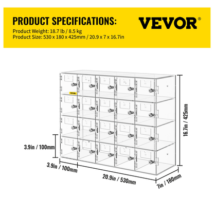 VEVOR Cell Phone Storage Locker, 20 Slots Acrylic Material with Door Locks and Keys, Wall-Mounted Cabinet Pocket Office Classroom Gym Box, Clear - Loomini