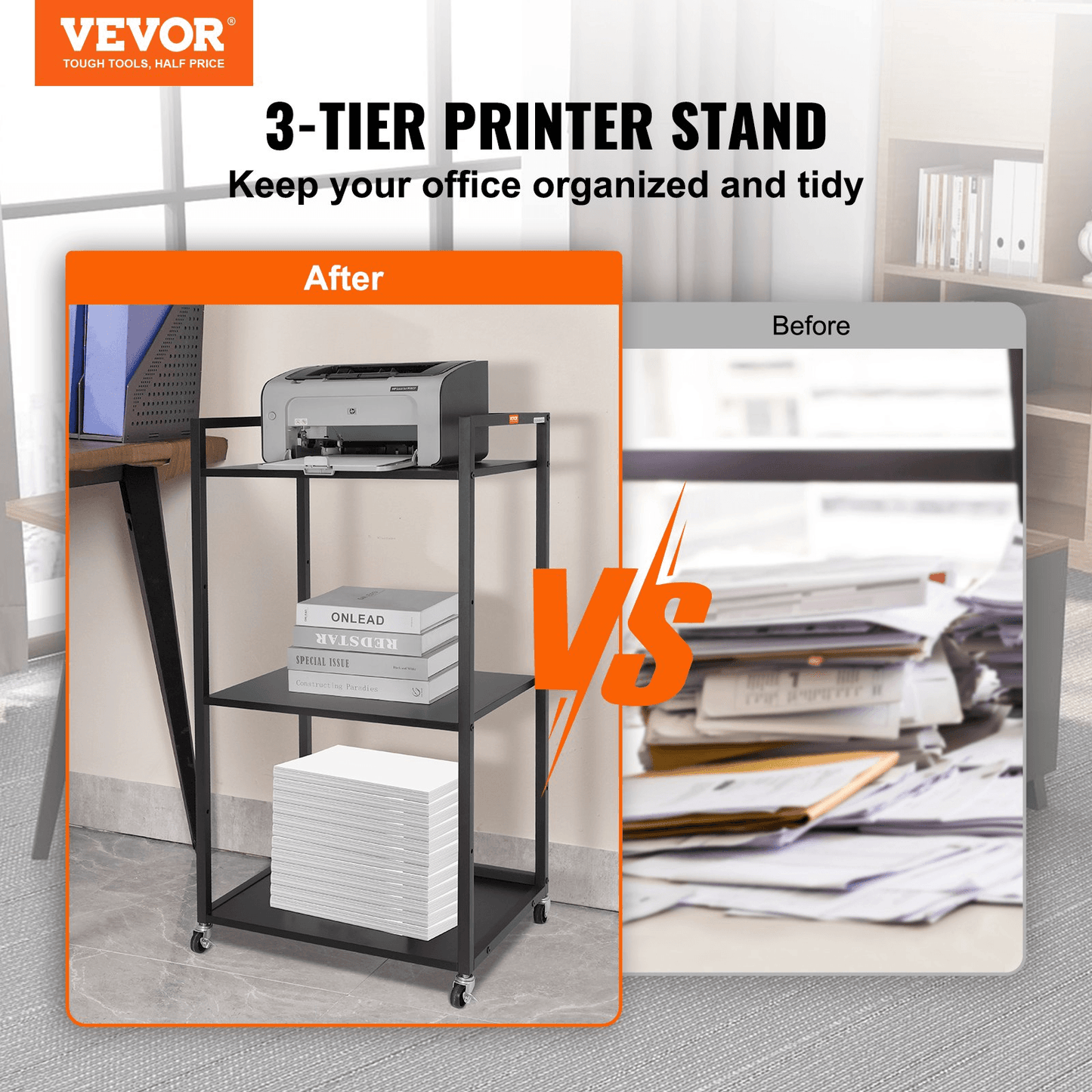 VEVOR Printer Stand with Wheels, Height Adjustable 3 Tier Printer Stand, Printer Cart with Storage Shelves for Printer, Scanner, Fax, Home Office Use, CARB Certified, Black - Loomini
