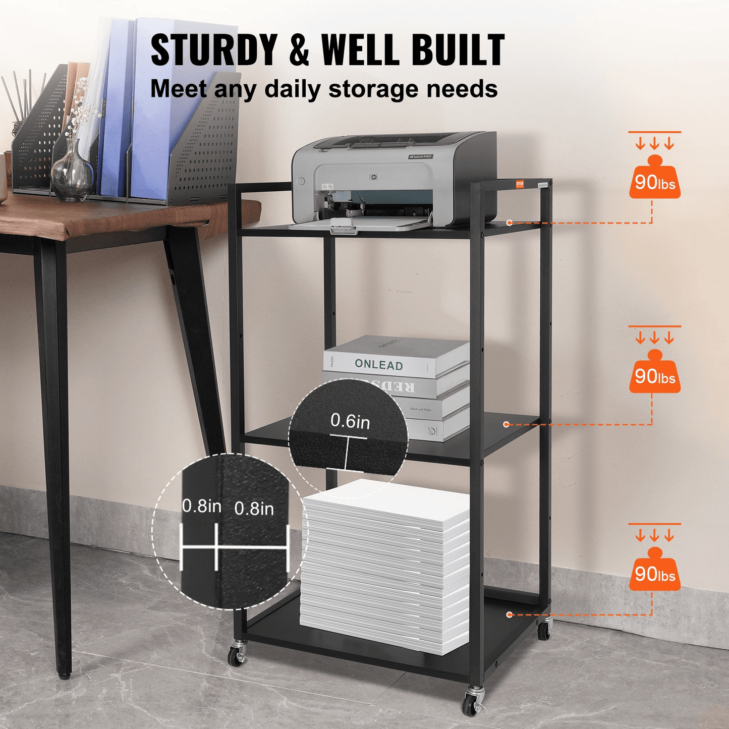 VEVOR Printer Stand with Wheels, Height Adjustable 3 Tier Printer Stand, Printer Cart with Storage Shelves for Printer, Scanner, Fax, Home Office Use, CARB Certified, Black - Loomini