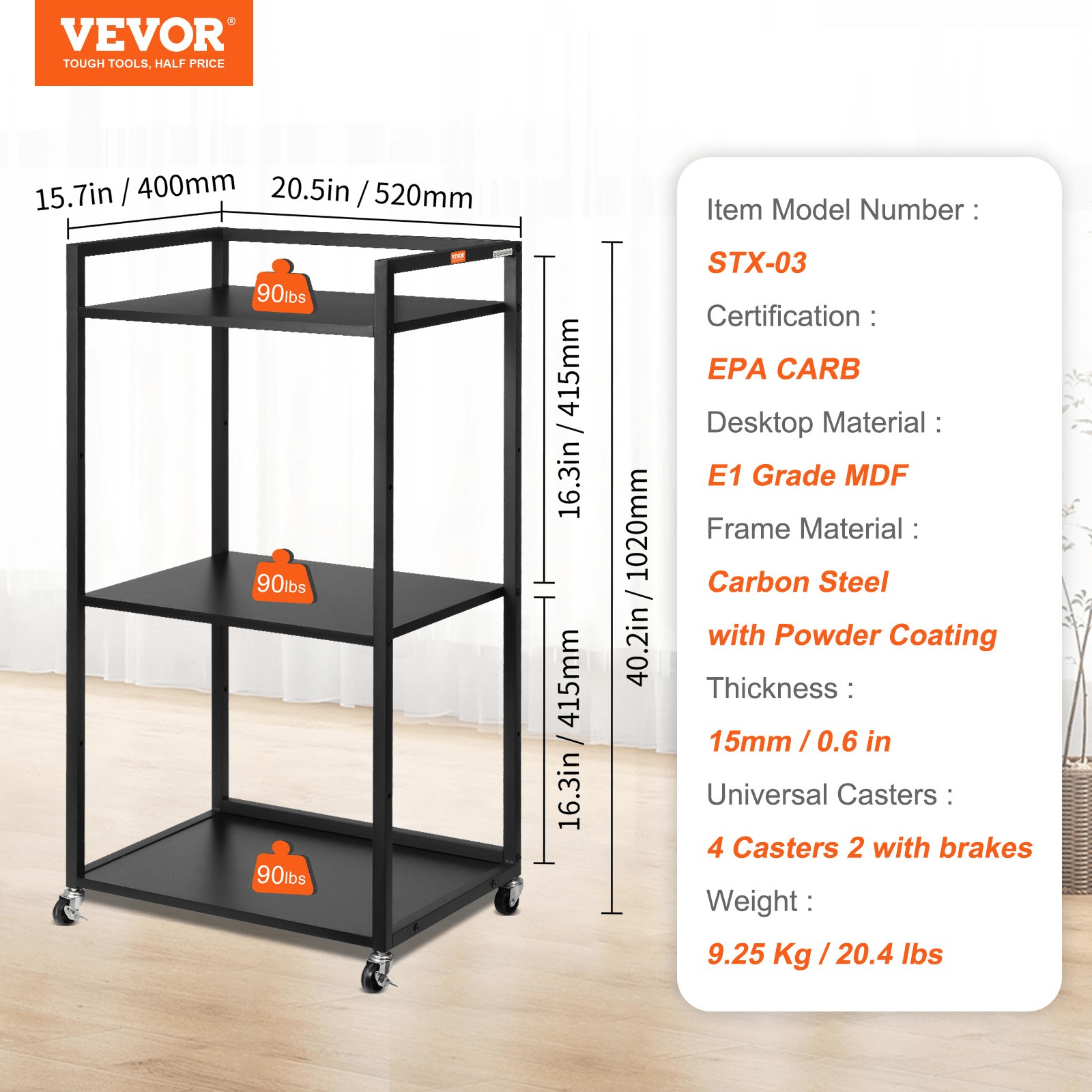 VEVOR Printer Stand with Wheels, Height Adjustable 3 Tier Printer Stand, Printer Cart with Storage Shelves for Printer, Scanner, Fax, Home Office Use, CARB Certified, Black - Loomini