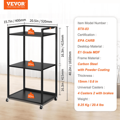 VEVOR Printer Stand with Wheels, Height Adjustable 3 Tier Printer Stand, Printer Cart with Storage Shelves for Printer, Scanner, Fax, Home Office Use, CARB Certified, Black - Loomini