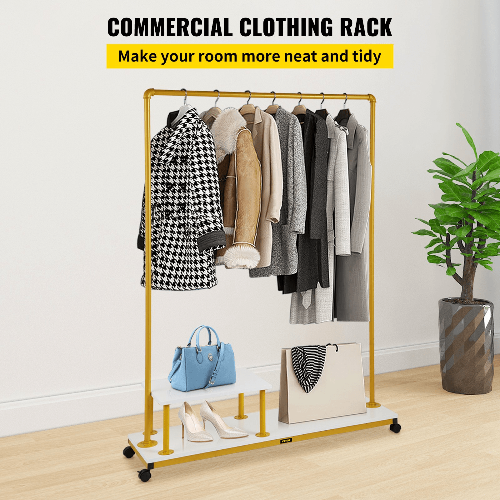 VEVOR Clothing Garment Rack, 47.2"x14.2"x63.0", Heavy-Duty Clothes Rack w/Bottom Shelf & Side Shelf, 4 Swivel Casters, Sturdy Steel Frame, Rolling Clothes Organizer for Retail Store Boutique, Gold - Loomini