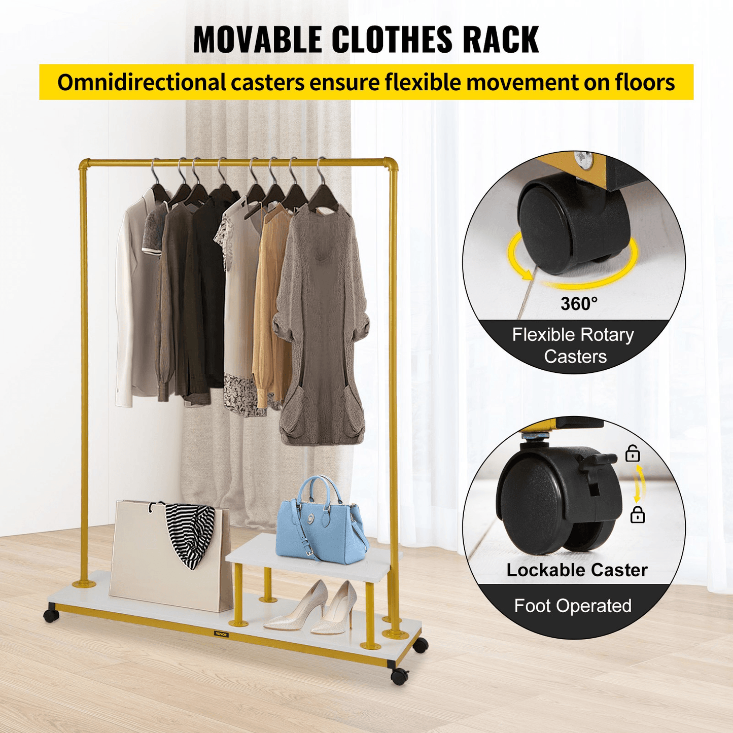 VEVOR Clothing Garment Rack, 47.2"x14.2"x63.0", Heavy-Duty Clothes Rack w/Bottom Shelf & Side Shelf, 4 Swivel Casters, Sturdy Steel Frame, Rolling Clothes Organizer for Retail Store Boutique, Gold - Loomini