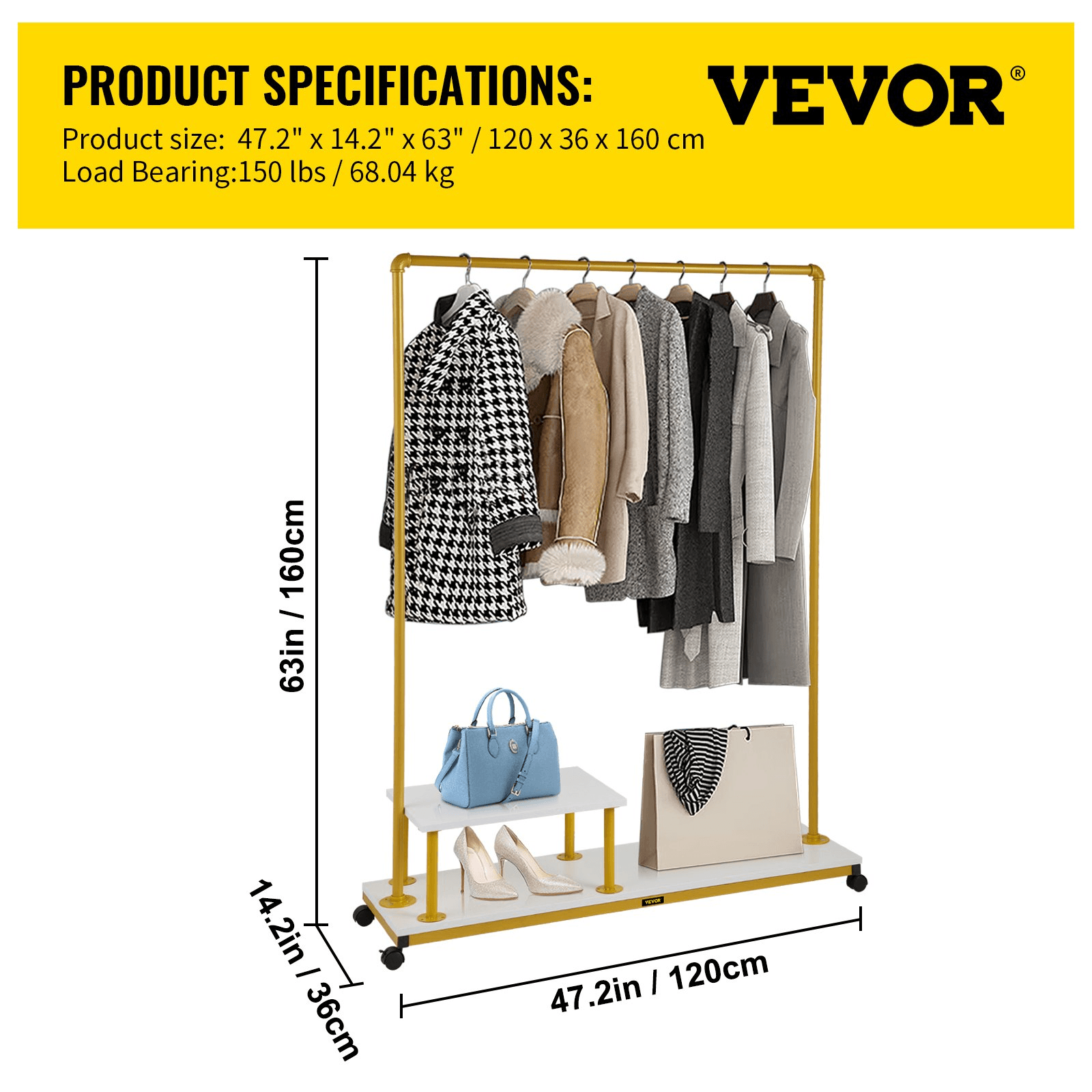 VEVOR Clothing Garment Rack, 47.2"x14.2"x63.0", Heavy-Duty Clothes Rack w/Bottom Shelf & Side Shelf, 4 Swivel Casters, Sturdy Steel Frame, Rolling Clothes Organizer for Retail Store Boutique, Gold - Loomini